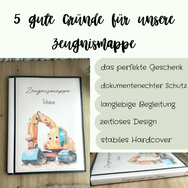 Personalisierte Zeugnismappe Bagger Motiv auf Holzuntergrund – Geschenk zur Einschulung für Jungen