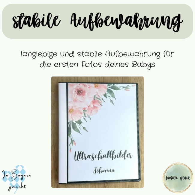 Die Stabilität des langlebigen Ultraschallalbums mit der Aufschrift Ultraschallbilder und dem Rosendesign wird hervorgehoben