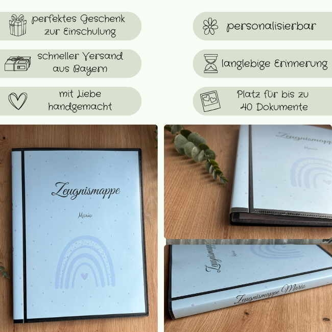 Zeugnismappe Regenbogen – perfektes Einschulungsgeschenk, personalisierbar, schneller Versand aus Bayern, Platz für 40 Dokumente