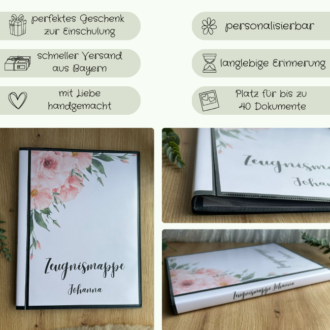 Zeugnismappe Johanna – perfektes Einschulungsgeschenk, personalisierbar, mit Liebe handgemacht, schneller Versand aus Bayern, Platz für 40 Dokumente