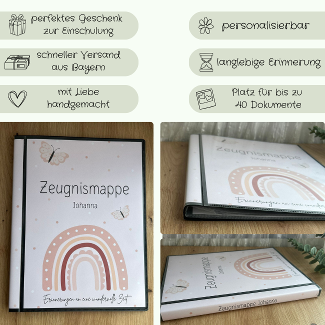 Zeugnismappe Regenbogen Johanna – personalisierbar, handgemacht, schneller Versand aus Bayern, Platz für 40 Dokumente