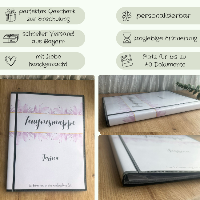 Zeugnismappe als perfektes Einschulungsgeschenk – personalisierbar, handgemacht aus Bayern, Platz für 40 Dokumente
