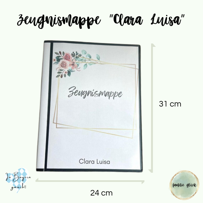 Außenmaße personalisierte Zeugnismappe 24x31 cm – Hardcover mit Name und Blumen-Design