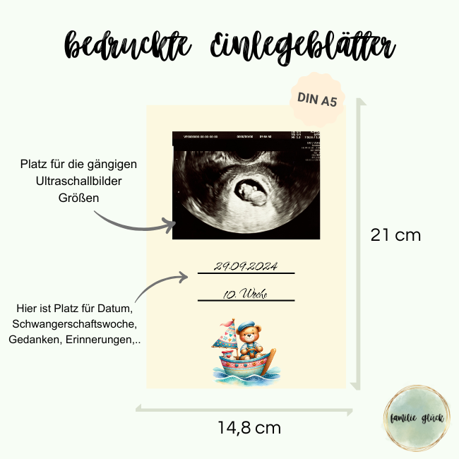 Innenmaße des Ultraschallalbums „Mathilda": 21cm hoch und 14,8cm breit