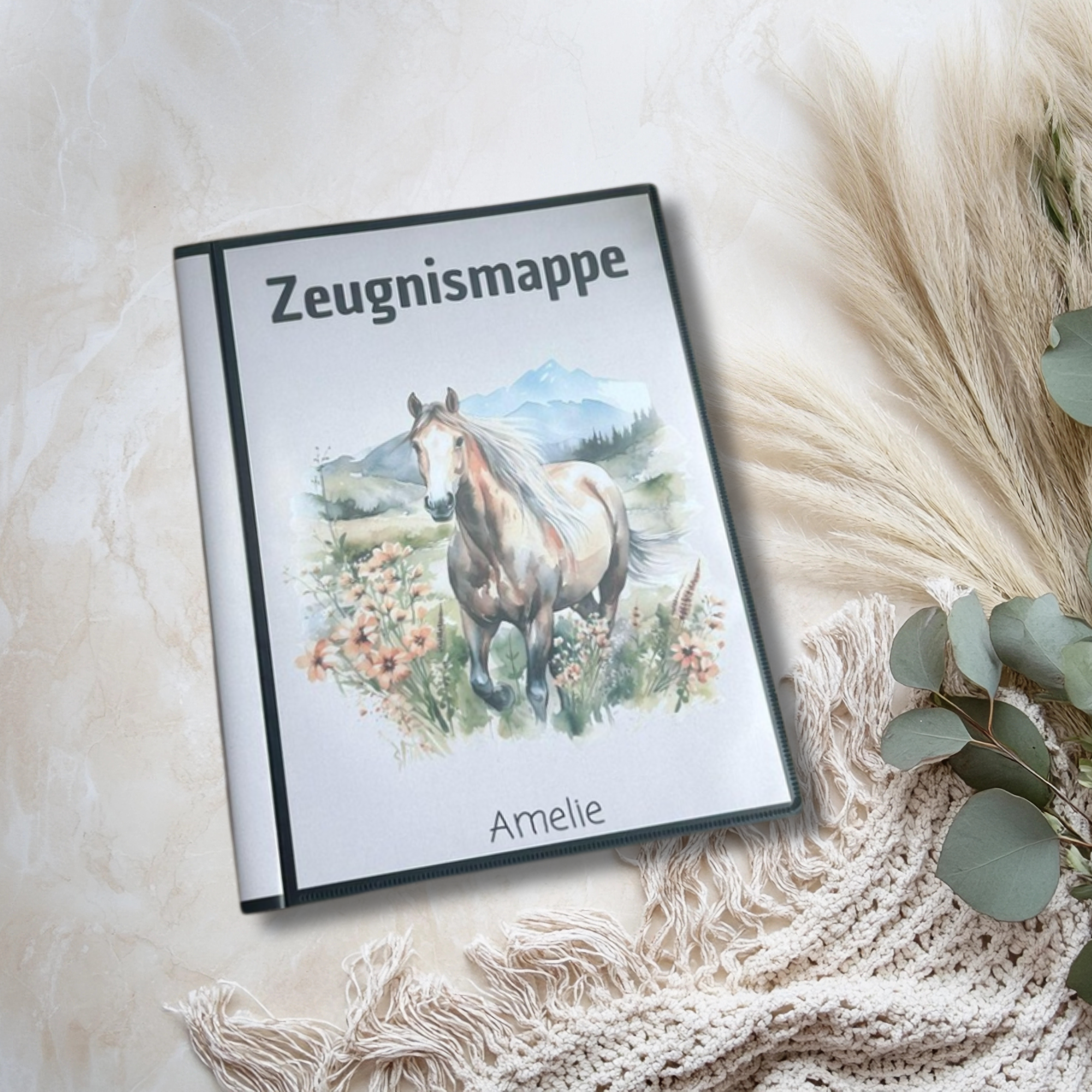 Zeugnismappe personalisiert mit Namen – Deckblatt Pferdemotiv Watercolor