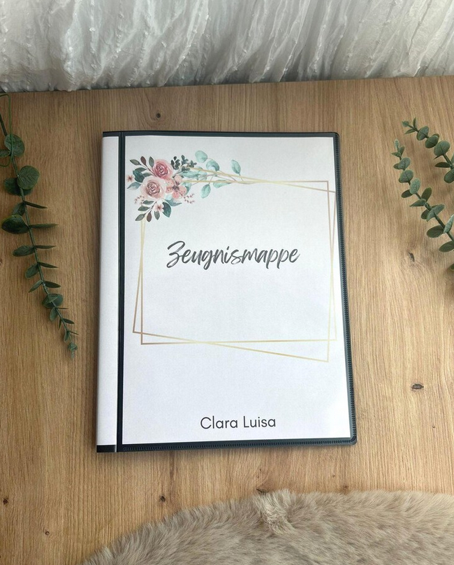 Personalisierte Zeugnismappe Hardcover mit Rosen-Design und Name des Kindes – FamilieGlück