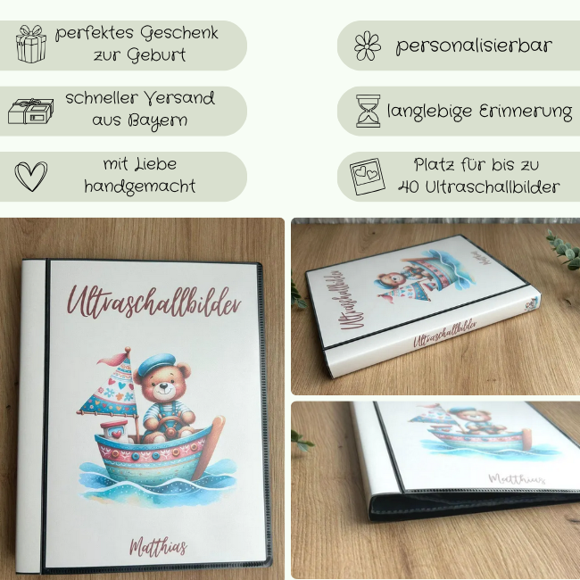 Es werden 6 Informationen zum Ultraschallalbum hervorgehoben. Der schnelle Versand, perfektes Geschenk, mit Liebe gemacht, personalisierbar, langlebig und Platz für bis zu 40 Bilder