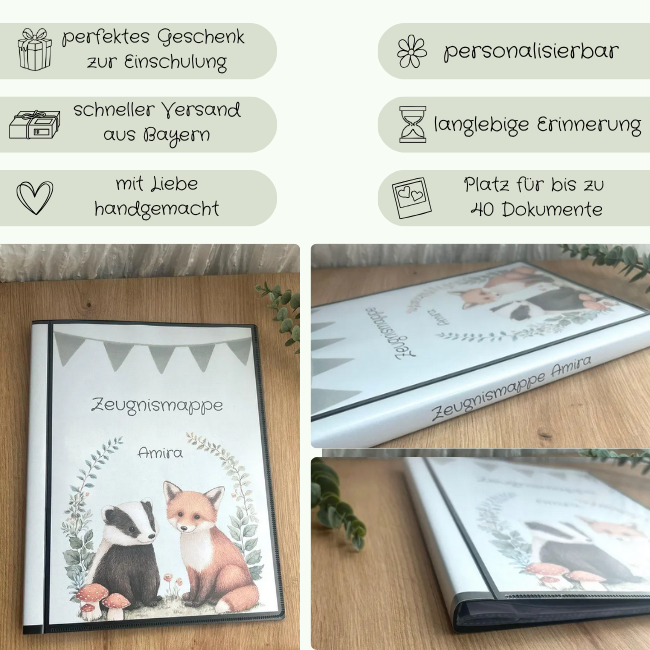 Personalisierte Zeugnismappe – perfektes Geschenk zur Einschulung, handgemacht aus Bayern