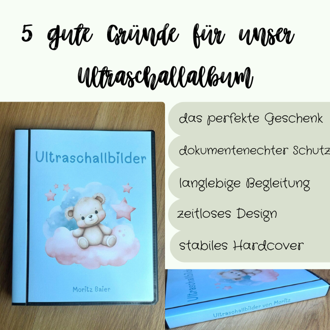 Ultraschallalbum Moritz mit blauem Teddybären Design auf Holztisch – Hardcover, Geschenk zur Geburt
