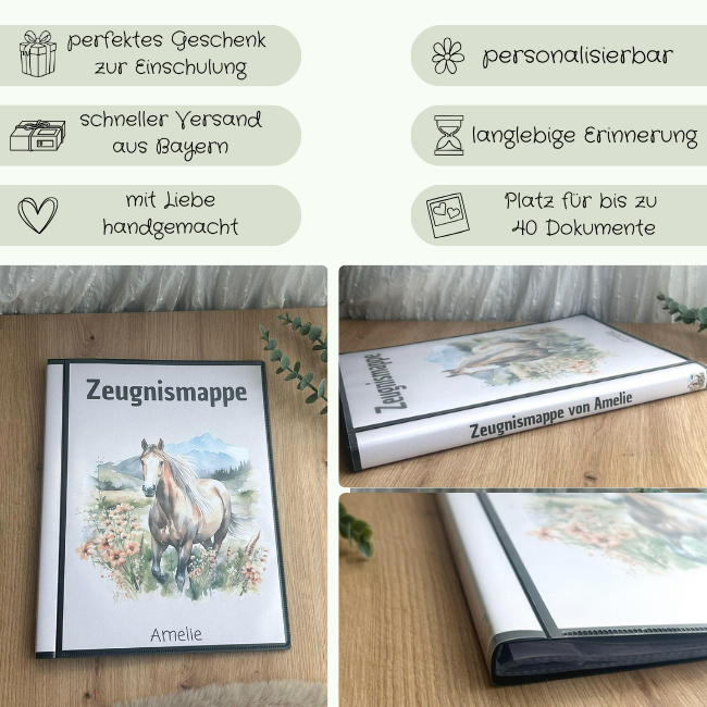 Personalisierte Zeugnismappe mit Pferdemotiv – Geschenk zur Einschulung, made in Bayern