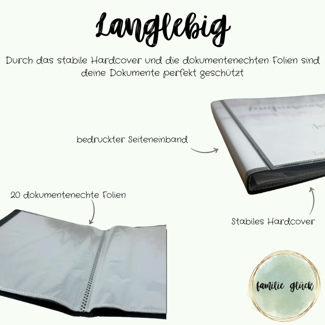Langlebige Zeugnismappe mit stabilem Hardcover und 20 dokumentenechten Folien – bedruckter Seiteneinband