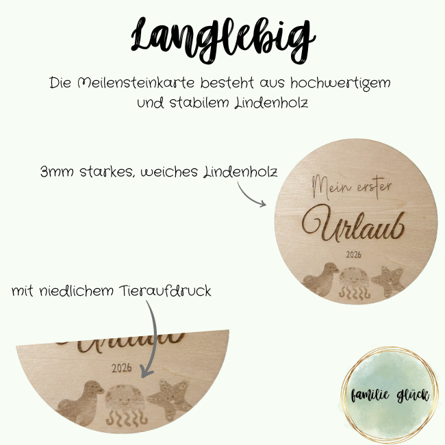 Die Meilensteinkarte mit der Aufschrift "Mein erster Urlaub 2026" ist aus 3mm starkem Lindenholz und hat einen niedlichen Tieraufdruck aus Robbe, Qualle und Seestern