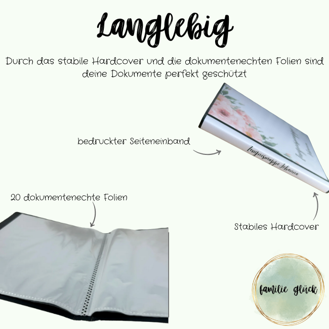„Langlebige Zeugnismappe Johanna – stabiles Hardcover, 20 dokumentenechte Folien, bedruckter Seiteneinband von familie glück