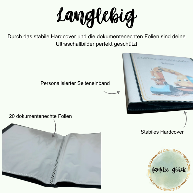 Details zum langlebigen Ultraschallalbum im Design "Tobias" mit gelbem Einband und Baggermotiv
