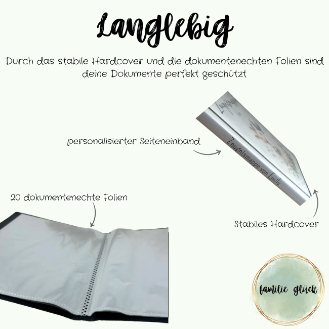 Langlebige Zeugnismappe Hardcover – 20 dokumentenechte Folien, personalisierter Seiteneinband mit Name