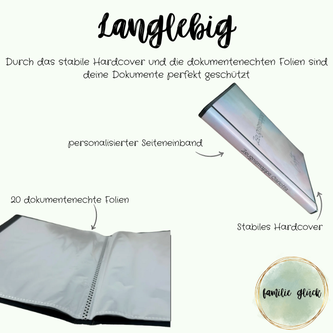 Langlebige Zeugnismappe Carlotta – 20 dokumentenechte Folien, personalisierter Seiteneinband, stabiles Hardcover