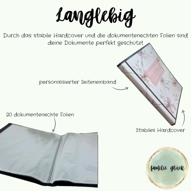 Langlebige Zeugnismappe Schleifchen – 20 dokumentenechte Folien, personalisierter Seiteneinband, stabiles Hardcover