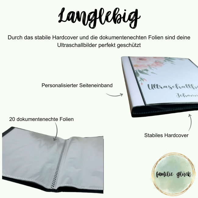 Die Stabilität des langlebigen Ultraschallalbums mit der Aufschrift Ultraschallbilder und den Rosen wird hervorgehoben