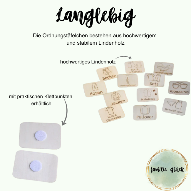 Schrankbeschriftung Kinder Holz | Etiketten 7x5cm mit Klettverschluss – personalisierbar