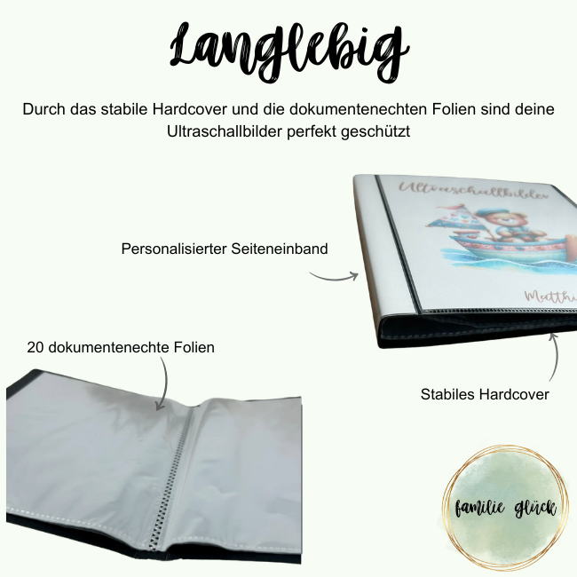 Details zum langlebigen Ultraschallalbum im Design "Matthias" mit gelbem Einband und Teddybär im Matrosen Outfit