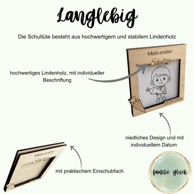 Holzrahmen zur Einschulung – Mein erster Schultag personalisierbar aus Lindenholz
