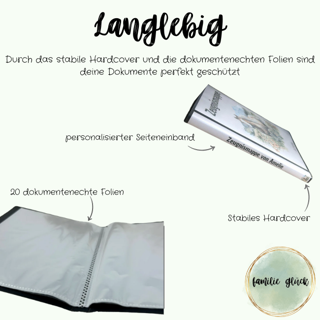 Langlebige Zeugnismappe Hardcover – 20 dokumentenechte Folien, personalisierter Seiteneinband