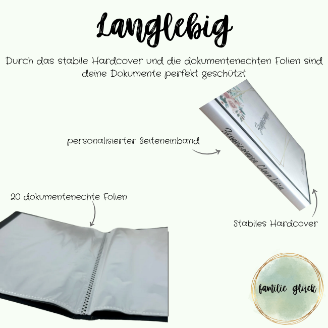 Langlebige Zeugnismappe Hardcover – 20 dokumentenechte Folien, personalisierter Seiteneinband