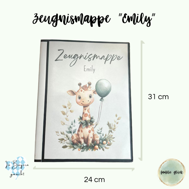 Zeugnismappe Emily mit Giraffe – Maße 24x31 cm, stabiler Hardcover mit dokumentenechten Folien