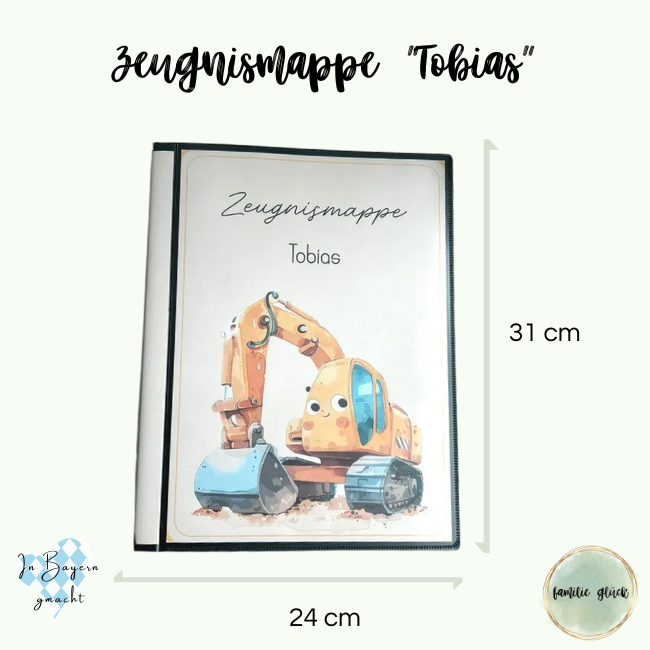 Personalisierte Zeugnismappe Bagger 24x31 cm mit Name Tobias – Hardcover Zeugnismappe für Kinder 