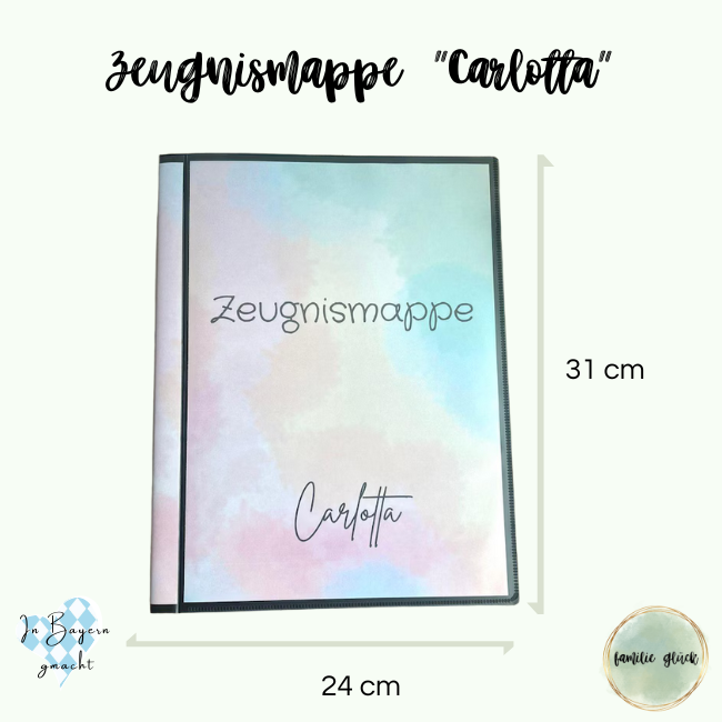 Zeugnismappe Carlotta Maße 24x31 cm – Regenbogen-Watercolor-Design mit Name des Kindes, Hardcover