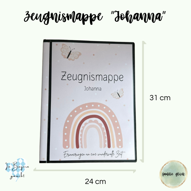 Personalisierte Zeugnismappe Johanna mit Regenbogen und Schmetterlingen – 24 x 31 cm, handgemacht in Bayern von Familie Glück