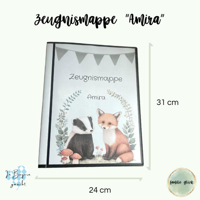 Außenmaße personalisierte Zeugnismappe 24x31 cm – Hardcover mit Name und niedlichem Design mit Dachs und Fuchs