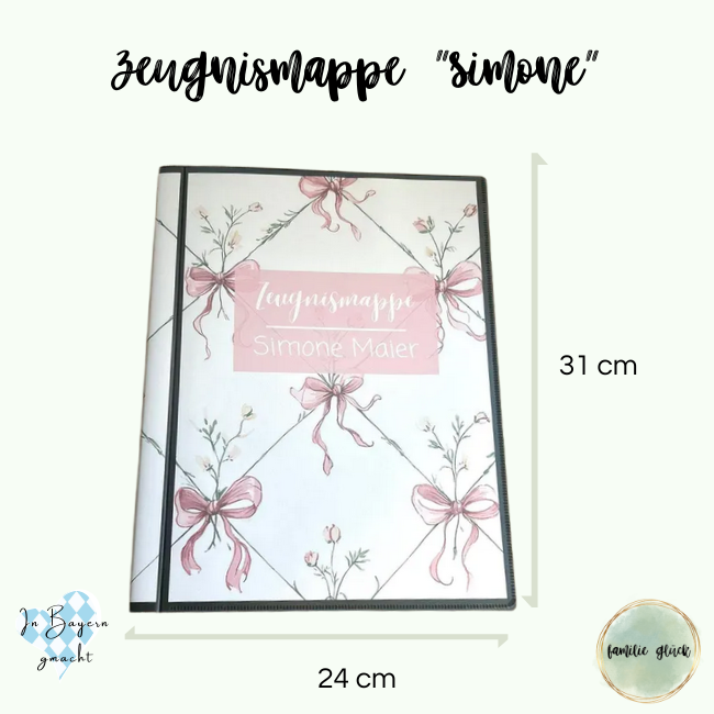Zeugnismappe Simone Maße 24x31 cm – rosa Schleifchen Design mit Name des Kindes, Hardcover
