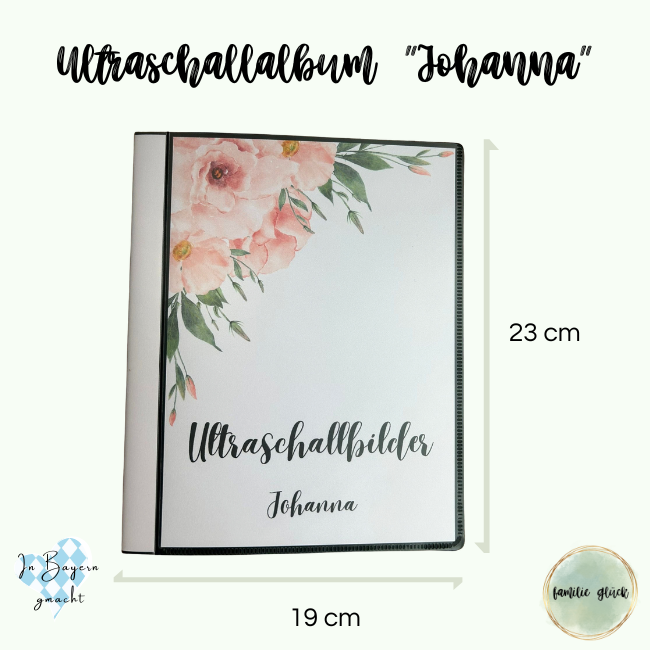 Außenmaße des Ultraschallalbums „Johanna“: 23cm hoch und 19cm breit
