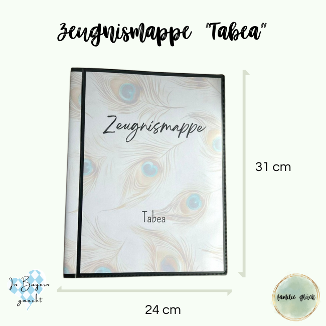 Zeugnismappe Tabea Maße 24x31 cm – Pfauenfeder-Design mit Name des Kindes, stabiler Hardcover