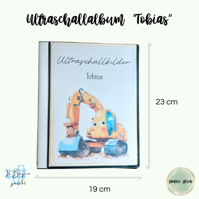 Außenmaße des Ultraschallalbums „Tobias“: 23cm hoch und 19cm breit