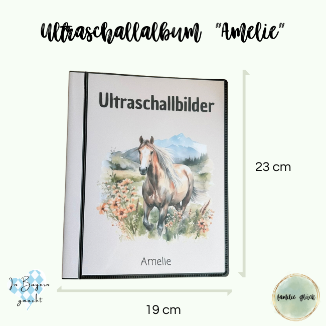 Außenmaße des Ultraschallalbums „Amelie“: 23cm hoch und 19cm breit
