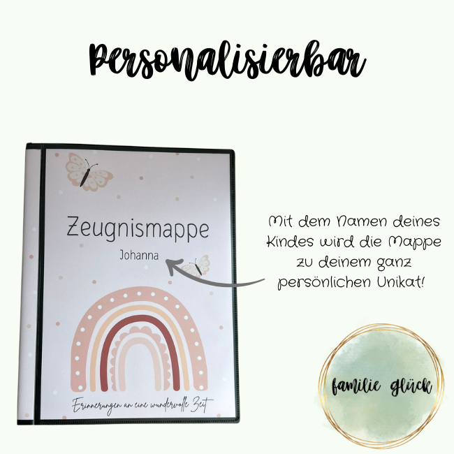 Personalisierbare Zeugnismappe Regenbogen mit Wunschname – familie glück, handgemacht in Bayern
