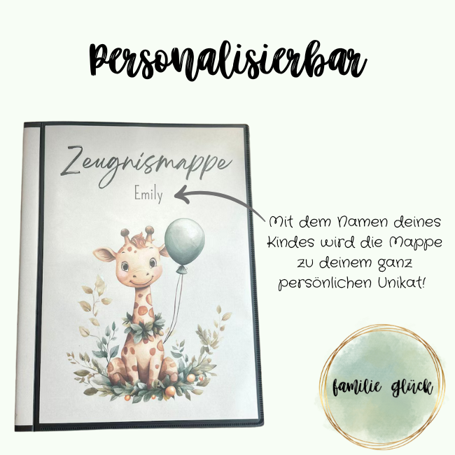Personalisierbare Zeugnismappe Giraffen-Design – mit Name des Kindes, Unikat von FamilieGlück