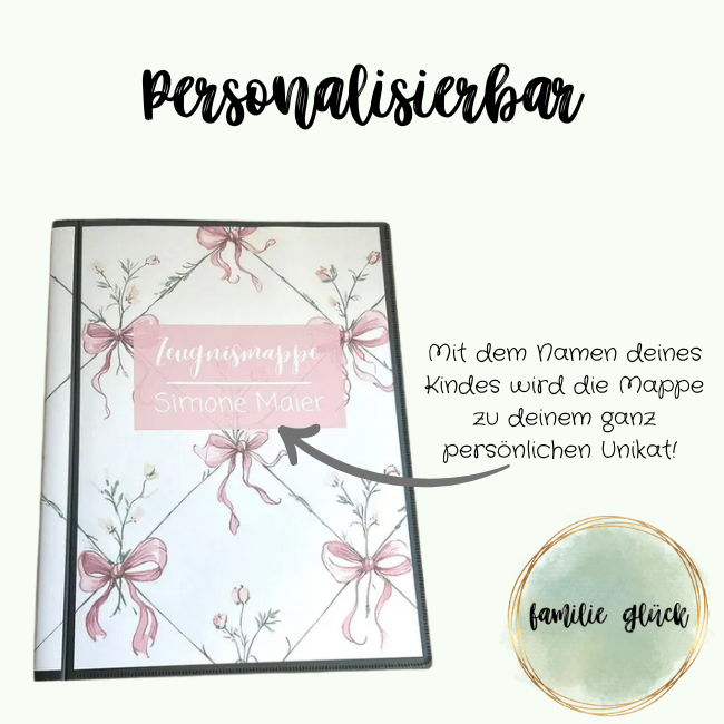 Personalisierbare Zeugnismappe Simone – mit dem Namen deines Kindes, rosa Schleifchen-Design