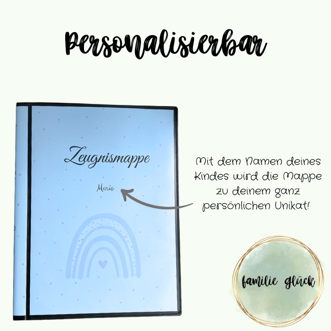 Personalisierbare Zeugnismappe Regenbogen hellblau mit Wunschname – Familie Glück