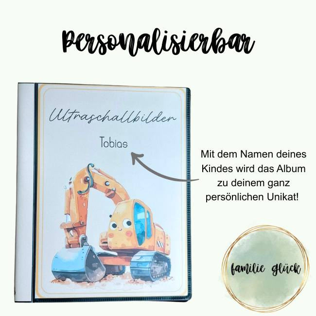 Details zum langlebigen Ultraschallalbum im Design "Tobias" mit hellgelbem Hintergrund und niedlichem Bagger