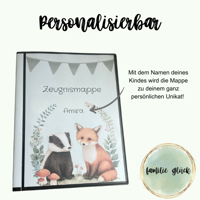 Personalisierbare Zeugnismappe mit Name des Kindes – zeitloses Waldtier-Design von FamilieGlück