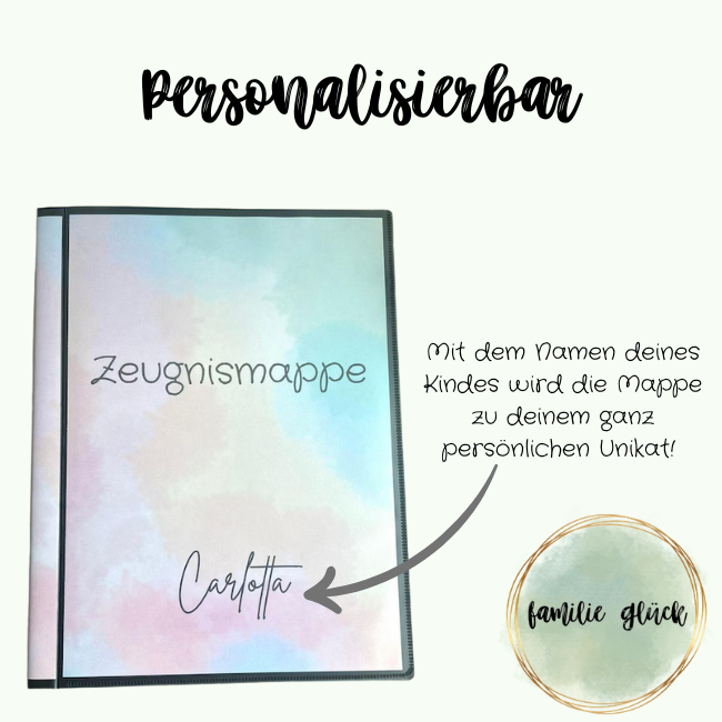 Personalisierbare Zeugnismappe Carlotta – mit dem Namen deines Kindes, pastellfarbenes Watercolor-Design