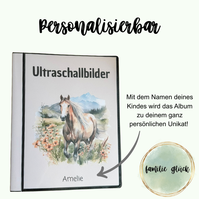 Personalisiertes Deckblatt des Ultraschallalbums mit Aquarell Pferd und dem Namen Amelie