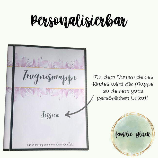 Personalisierbare Zeugnismappe mit Name Jessica – handgemacht von Familie Glück