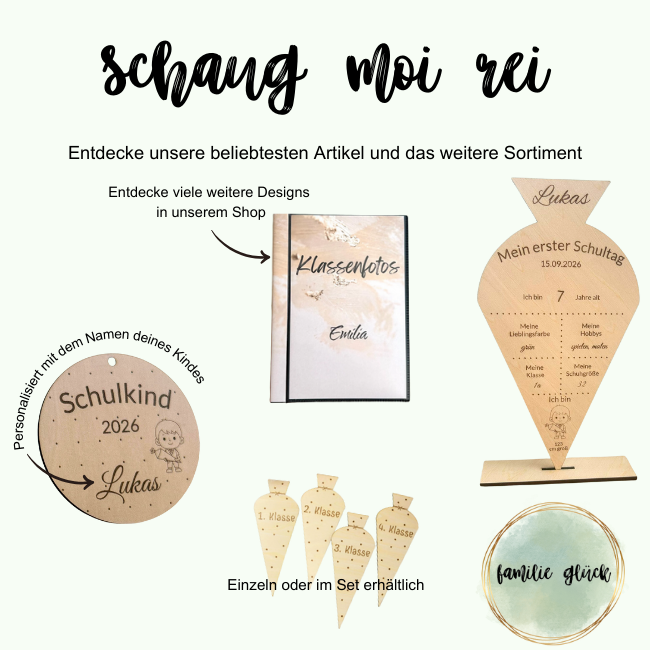 Holzrahmen zur Einschulung – Mein erster Schultag personalisierbar aus Lindenholz