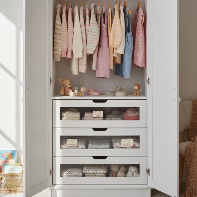 Schrankbeschriftung Kinder Holz | Etiketten 7x5cm mit Klettverschluss – personalisierbar