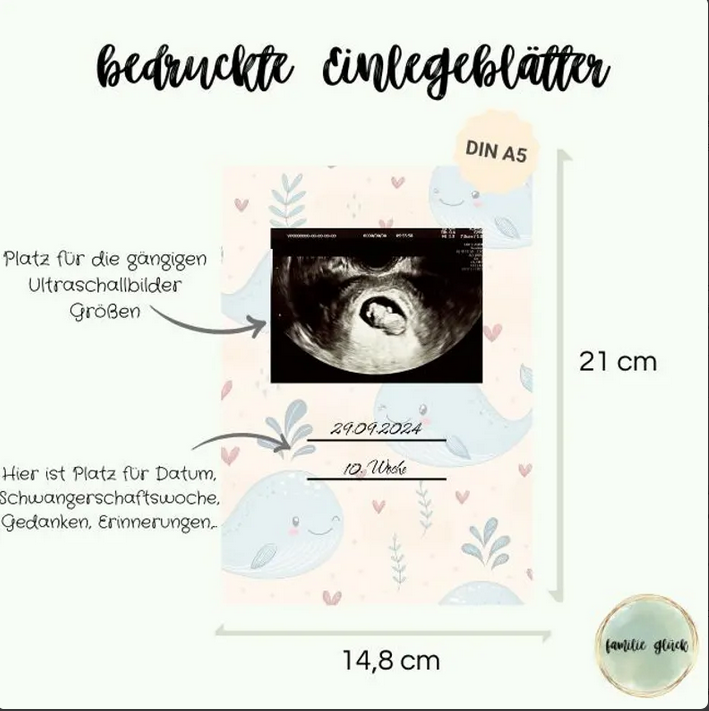 Bedrucktes Einlegeblatt im Ultraschallalbum mit Platz für Datum und Schwangerschaftswoche – Wal Design