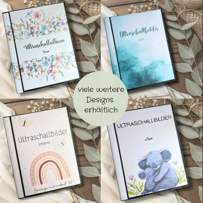 Das stabile Hardcover Ultraschallalbum ist noch in vielen weiteren Designs im Shop erhältlich. Mit schönen Blumen, Schmetterlingen oder niedlichen Tierchen